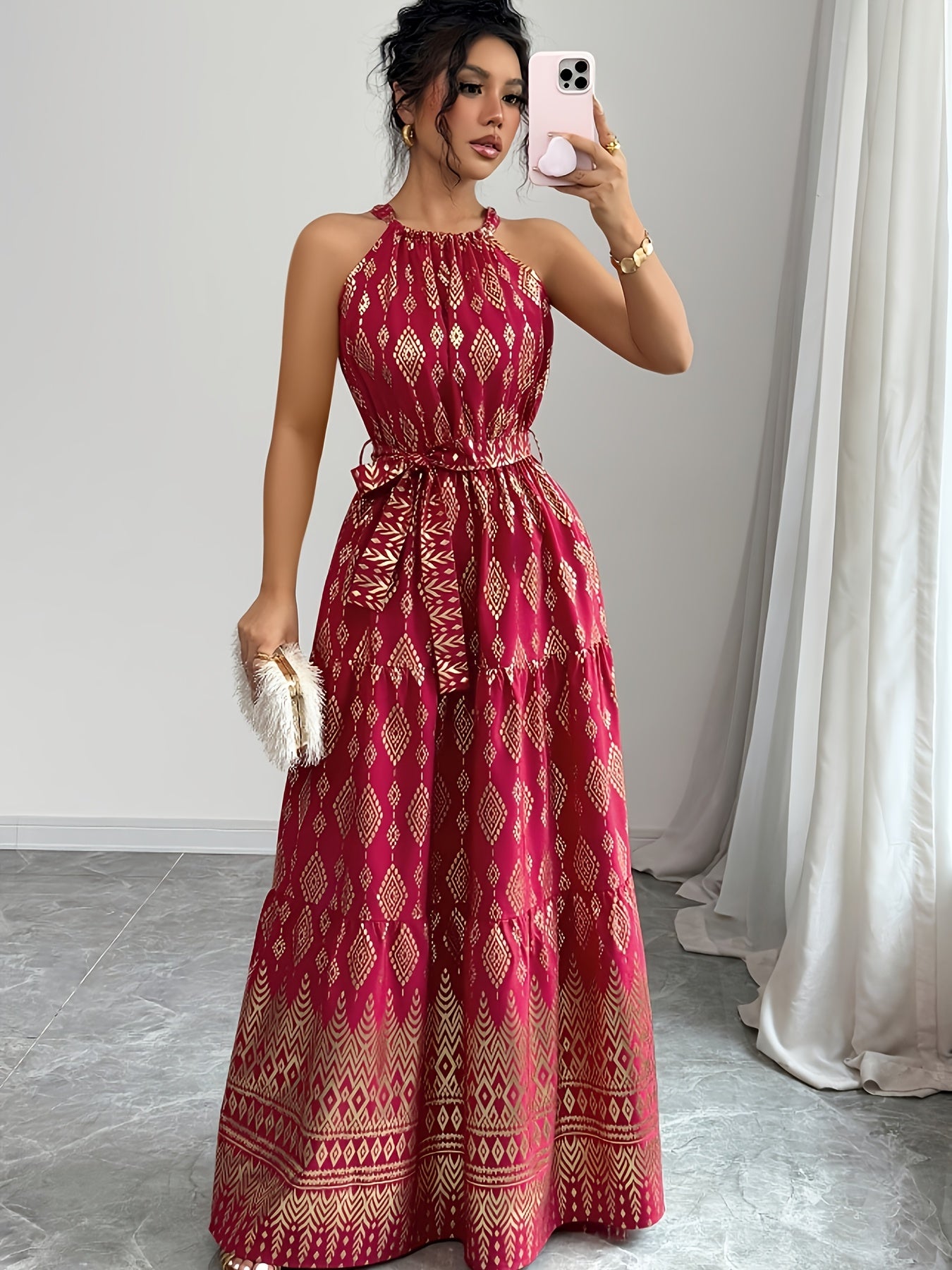 Women's Red Geometric Print Halter Neck Sleeveless A-Line Maxi Dress - Tie Waist, Vacation Style, Lightweight Polyester for Spring/Summer